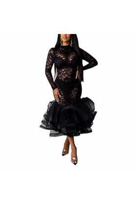 GHAKKE Robe De Soirée en Dentelle Transparente pour Femmes Sexy Manches Longues Transparente Plissée À Volants Maille Ourlet 