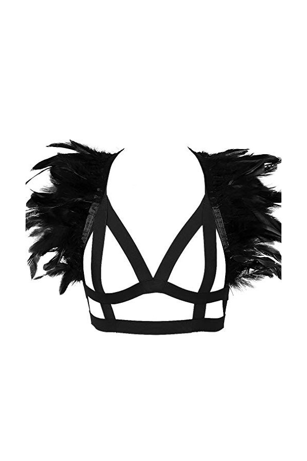Harnais de Corps Femme Plume Soutien-Gorge Cage à Lingerie Sangle Taille Ajustable Festival Rave Gothique Punk Ceinture Haut 