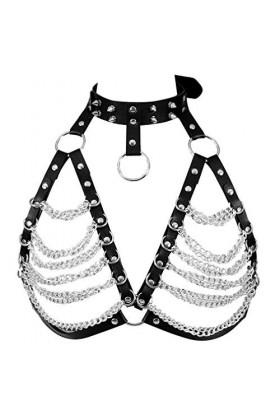 PETMHS Femme Punk Cuir Chaîne En Métal Harnais Ceinture Ceinture Soutien-gorge Sans Cuisses Creux Out Crop Tops Punk Gothique