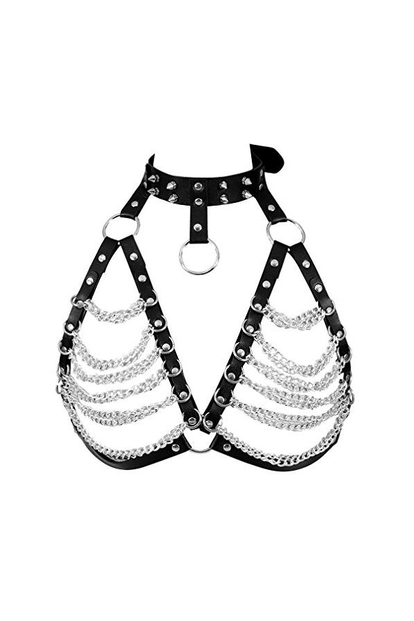 PETMHS Femme Punk Cuir Chaîne En Métal Harnais Ceinture Ceinture Soutien-gorge Sans Cuisses Creux Out Crop Tops Punk Gothique