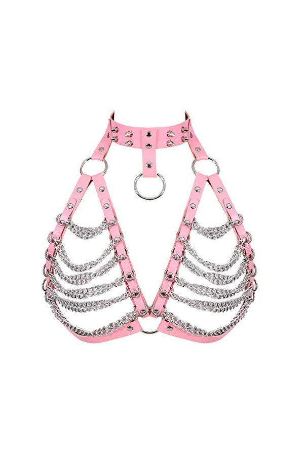 PETMHS Femme Punk Cuir Chaîne En Métal Harnais Ceinture Ceinture Soutien-gorge Sans Cuisses Creux Out Crop Tops Punk Gothique