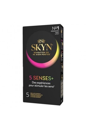 SKYN 5 Senses + : Boite de 5 Préservatifs masculins sans latex, matière Skynfeel, 1x Intensément Perlé, 2x Saveur Cocktail, 1