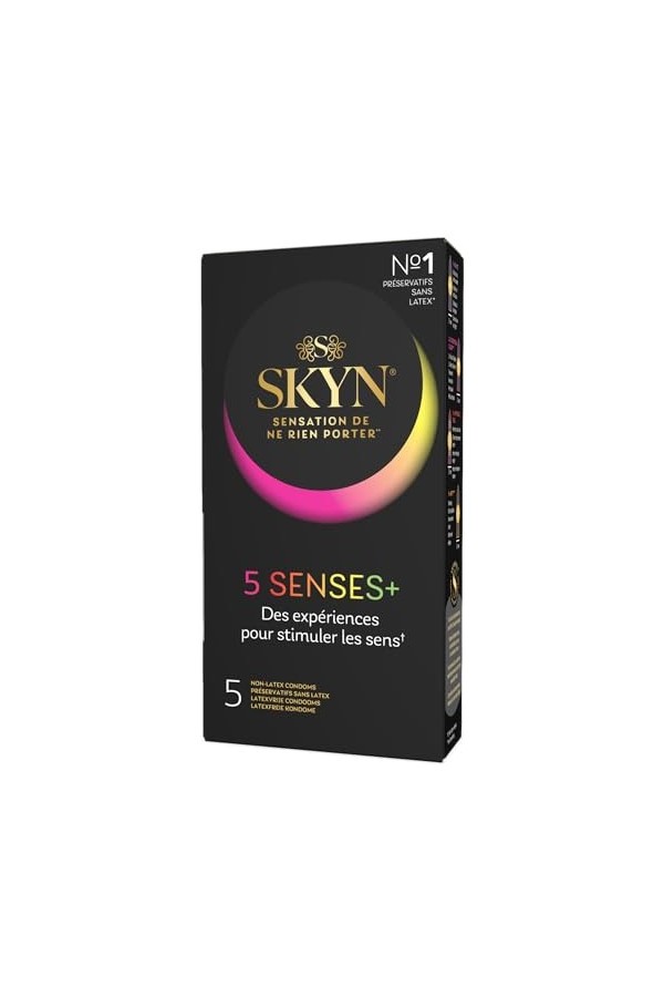 SKYN 5 Senses + : Boite de 5 Préservatifs masculins sans latex, matière Skynfeel, 1x Intensément Perlé, 2x Saveur Cocktail, 1
