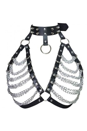 Harnais de poitrine en cuir pour femme, soutien-gorge en métal, chaîne à rivets punk, gothiques, hauts, bretelles, festival, 