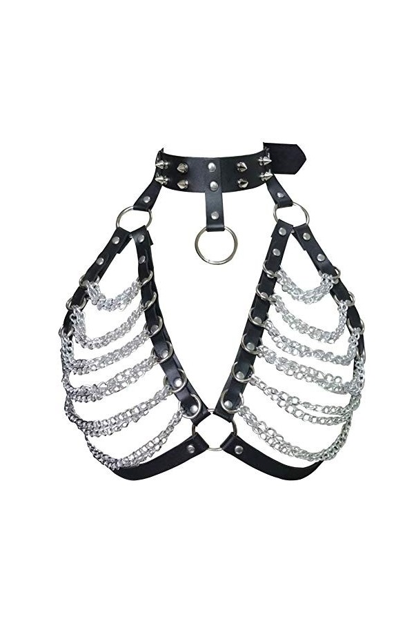 Harnais de poitrine en cuir pour femme, soutien-gorge en métal, chaîne à rivets punk, gothiques, hauts, bretelles, festival, 