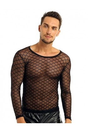 WSZJLN T-Shirt à Manches Longues en Maille à Lacets pour Hommes, Costumes de Club Sexy, sous-vêtements en résille, Blanc DS