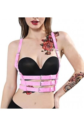 Harnais de poitrine pour femme avec bretelles pour festival, danse, club, Halloween, Noël, rave, gothique, punk, boucle, rose