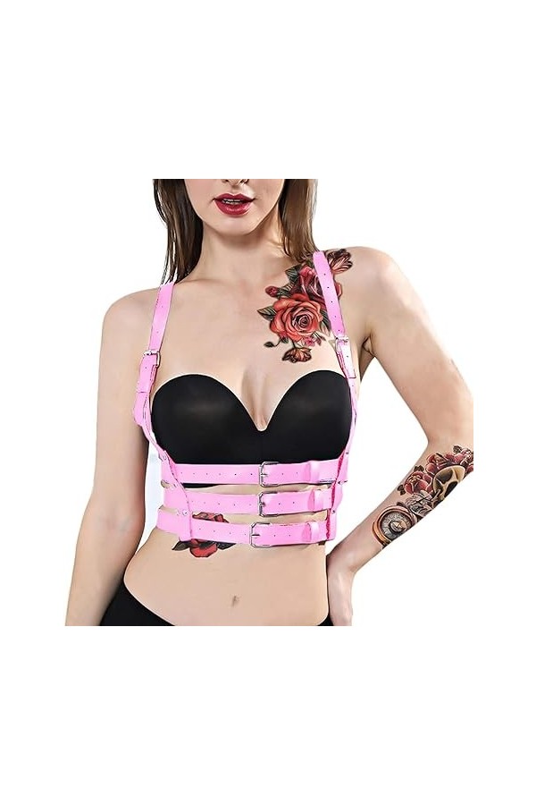 Harnais de poitrine pour femme avec bretelles pour festival, danse, club, Halloween, Noël, rave, gothique, punk, boucle, rose