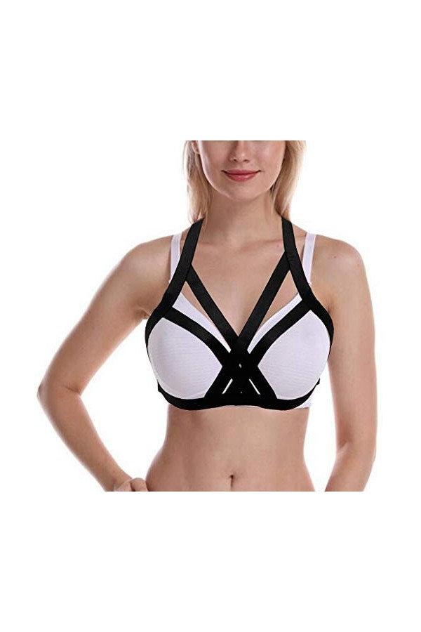 JELINDA Harnais élastique pour femme - Lingerie - Soutien-gorge à cage, style punk, gothique, creux - Vêtement de danse - - T