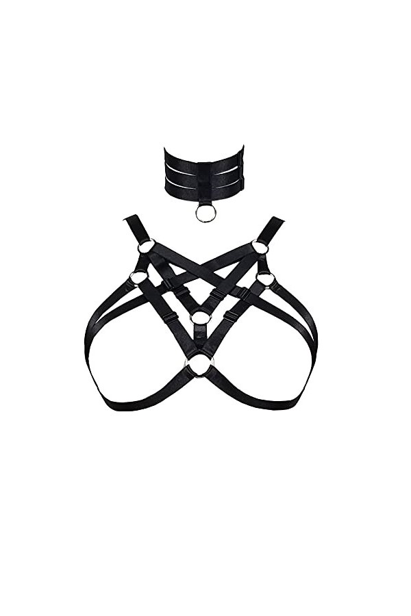 JELINDA Harnais élastique pour femme - Lingerie - Soutien-gorge à cage, style punk, gothique, creux - Vêtement de danse - - T