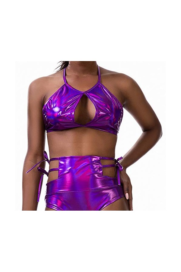 Flyrose Femme Métallique Trou de Serrure Découpe Dos Nu Festival Rave Crop Tu - - Taille L