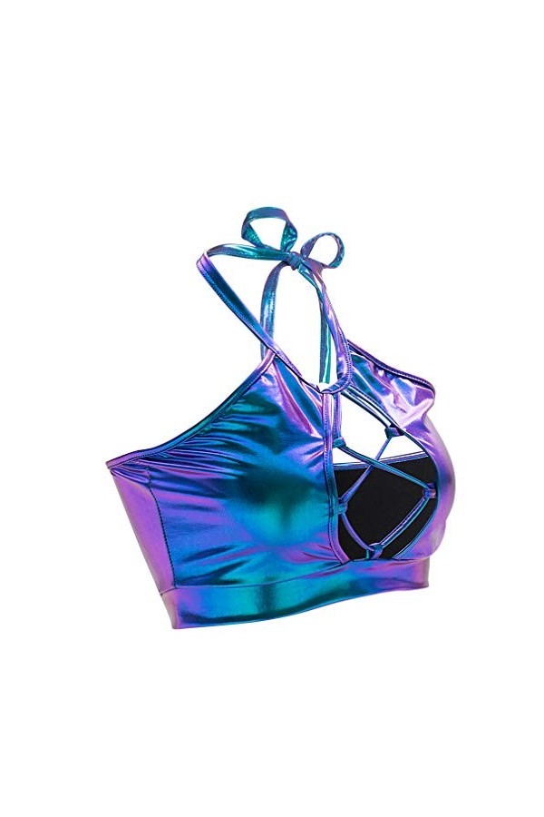 Flyrose Femme Métallique Trou de Serrure Découpe Dos Nu Festival Rave Crop Tu - - Taille L