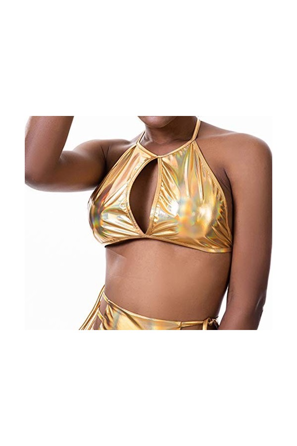 Flyrose Femme Métallique Trou de Serrure Découpe Dos Nu Festival Rave Crop Tu - - Taille L