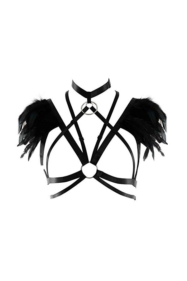 PETMHS Femme Plume Soutien-Gorge Harness Strappy Tops Punk Harnais pour Bretelles Élastiques sans Cuisses Creux Out Épaulette