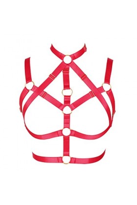 MAMOHSS Harnais Punk Gothique Soutien-gorge Exotique Bretelles Cagées Lingerie Élastique Soutien-gorge pour Femme - Rouge - T