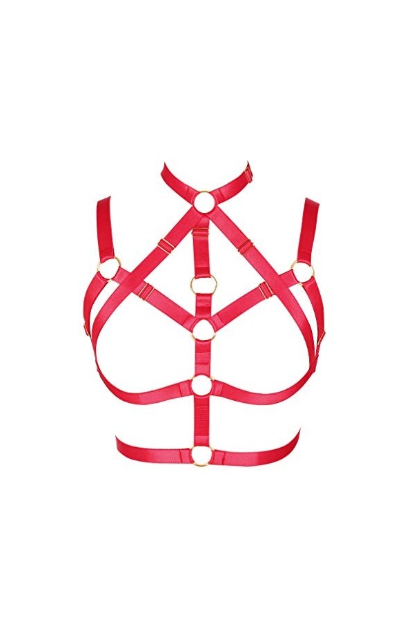 MAMOHSS Harnais Punk Gothique Soutien-gorge Exotique Bretelles Cagées Lingerie Élastique Soutien-gorge pour Femme - Rouge - T