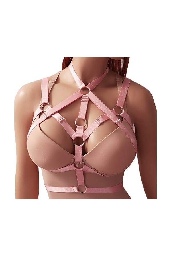 MAMOHSS Harnais Punk Gothique Soutien-gorge Exotique Bretelles Cagées Lingerie Élastique Soutien-gorge pour Femme - Rouge - T