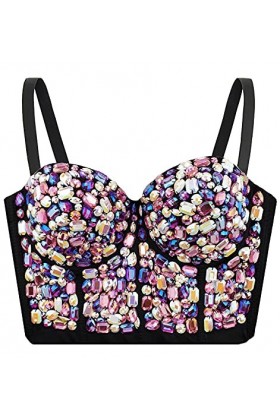 atokiss Bustier sexy sexy en strass pour femme, Blanc/multicolore, Taille L