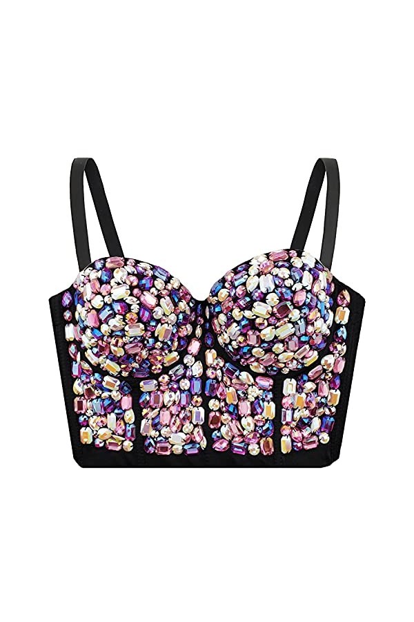 atokiss Bustier sexy sexy en strass pour femme, Blanc/multicolore, Taille L