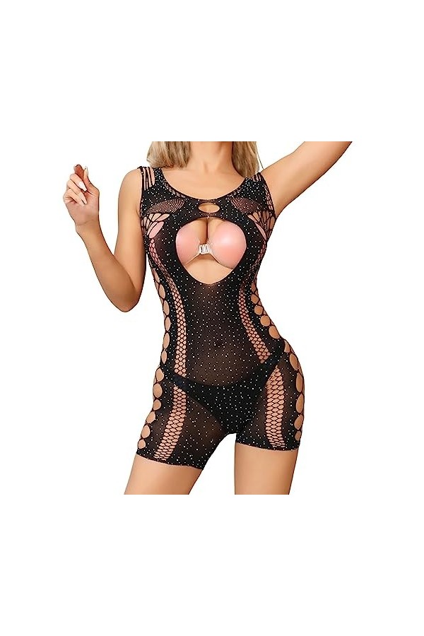 Mesdames sous-vêtements Sexy été résille évider avec perceuse Sexy Lingerie Net Pyjamas Body Ouvert Sexy Hot Black, One Size