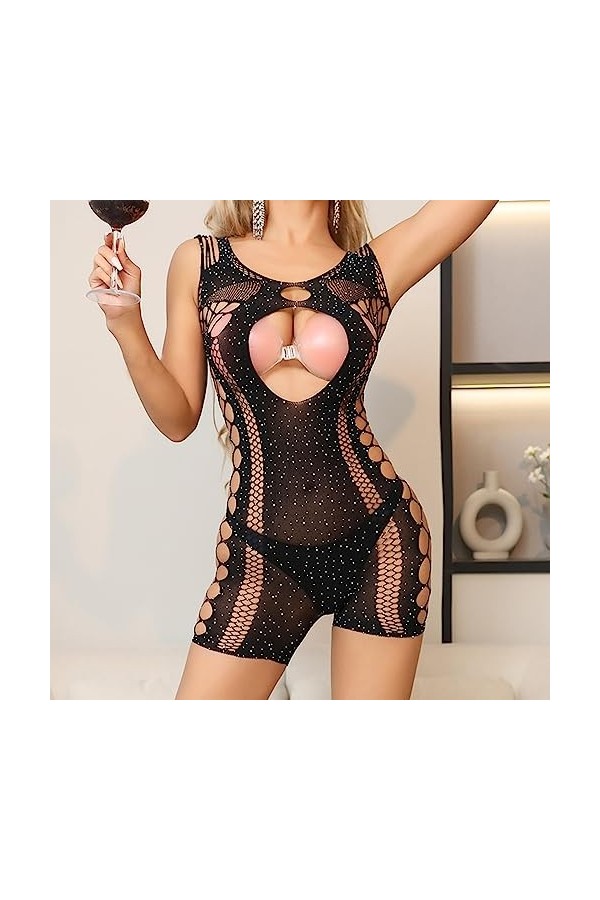 Mesdames sous-vêtements Sexy été résille évider avec perceuse Sexy Lingerie Net Pyjamas Body Ouvert Sexy Hot Black, One Size