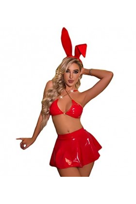 Costume de lapin sexy pour femme - Lingerie coquine - Bikini en cuir - Soutien-gorge en latex - Mini jupe - Rouge