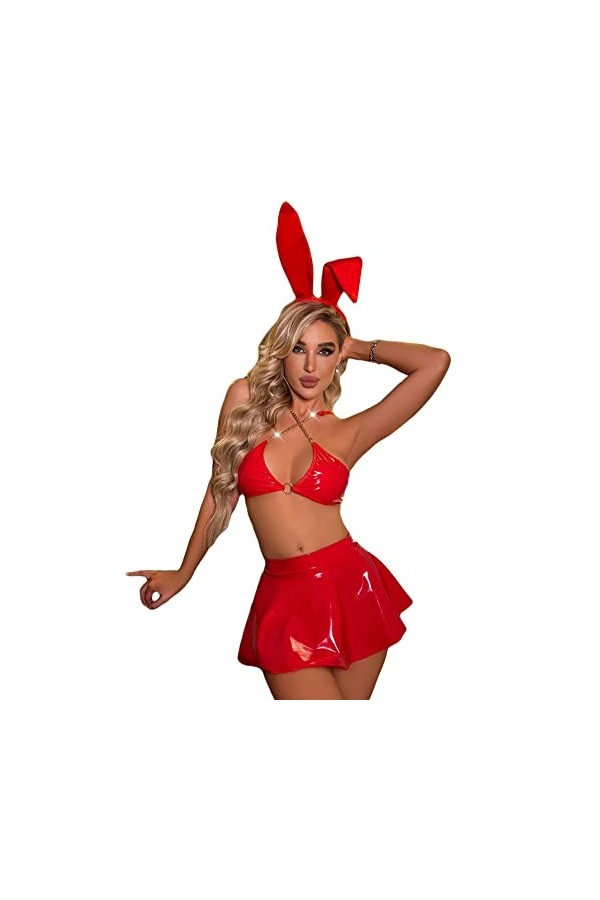 Costume de lapin sexy pour femme - Lingerie coquine - Bikini en cuir - Soutien-gorge en latex - Mini jupe - Rouge