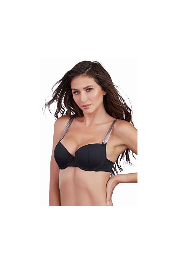 Dreamgirl Womens Microfiber Underwire Bra with Chainmail Shoulder Straps Balconette, Black, 34