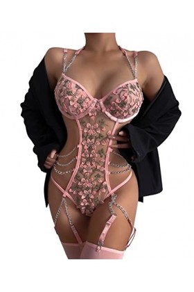 YOMORIO Ensemble de lingerie sexy 3 pièces pour femme avec soutien-gorge à bretelles réglables en maille avec porte-jarretell