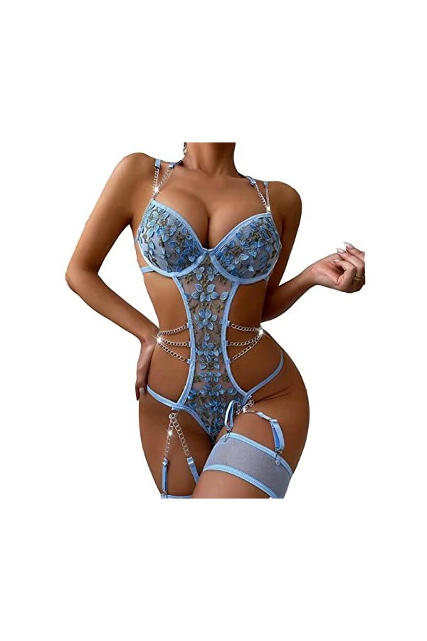 YOMORIO Ensemble de lingerie sexy 3 pièces pour femme avec soutien-gorge à bretelles réglables en maille avec porte-jarretell