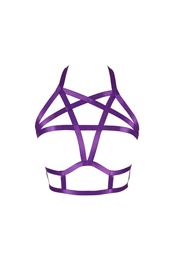 Harnais de Corps Femme Soutien-Gorge Cage à Lingerie Pentacle Gothique Punk Ceinture Sangle Taille Ajustable Festival Rave V