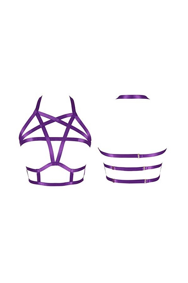 Harnais de Corps Femme Soutien-Gorge Cage à Lingerie Pentacle Gothique Punk Ceinture Sangle Taille Ajustable Festival Rave V