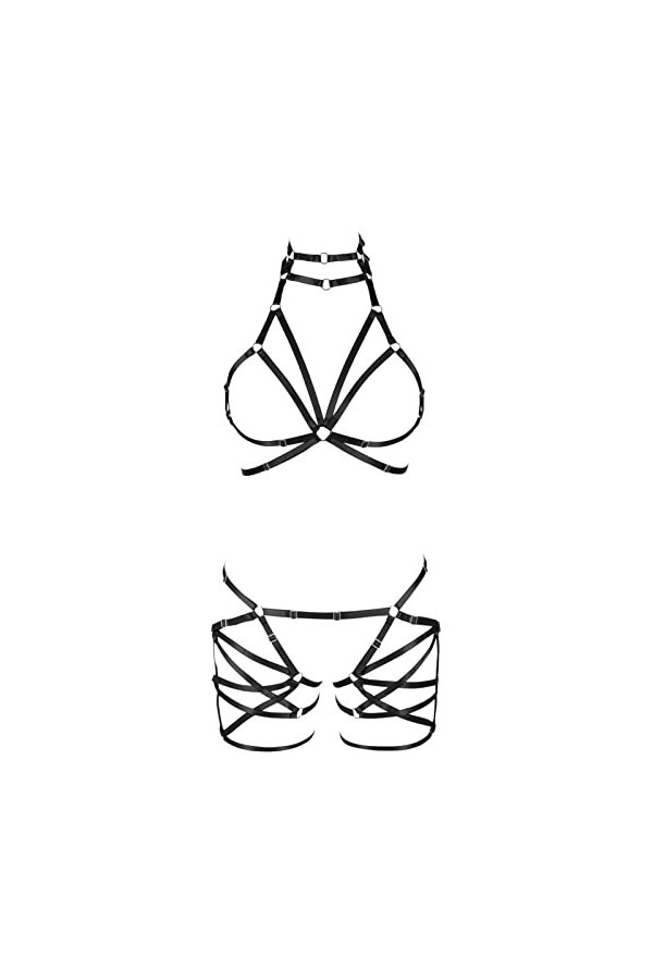 Harnais de corps pour femme en tissu extensible gothique pour Halloween Grande taille Punk Sangle de poitrine Ceinture Festiv