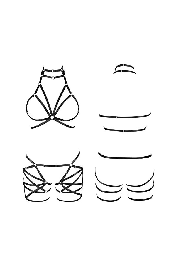 Harnais de corps pour femme en tissu extensible gothique pour Halloween Grande taille Punk Sangle de poitrine Ceinture Festiv