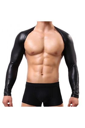 PIYAX Harnais de Poitrine en Faux Cuir pour Hommes, Maille Patchwork, Lingerie, Hauts à Manches Longues, Haut Court en Latex,