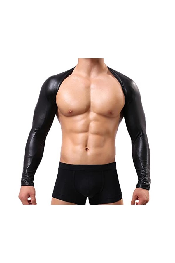PIYAX Harnais de Poitrine en Faux Cuir pour Hommes, Maille Patchwork, Lingerie, Hauts à Manches Longues, Haut Court en Latex,