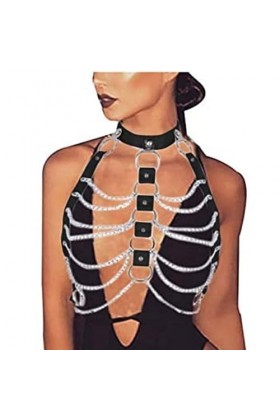 Harnais en cuir pour femme - Chaîne de poitrine - Tour de cou - Pour festival, club, rave, gothique, punk, Halloween, fête de