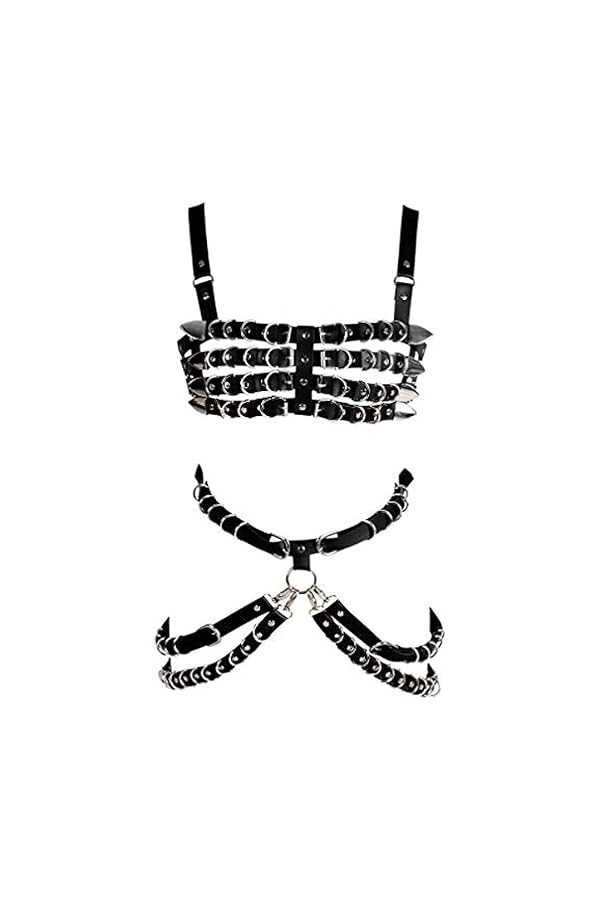 Harnais complet pour femme Soutien-gorge noir Sangle de poitrine en cuir Ceinture de taille lingerie Punk gothique Danse Phot