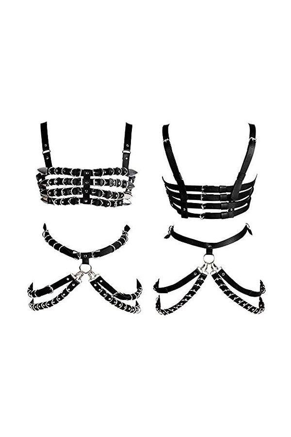 Harnais complet pour femme Soutien-gorge noir Sangle de poitrine en cuir Ceinture de taille lingerie Punk gothique Danse Phot