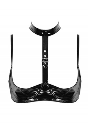 Yeahdor Femme Soutien-Gorge Cuir Verni Brassière Harnais Bandage Bra Push Up sous-vêtement Ouverte Poitrine Érotique Lingerie