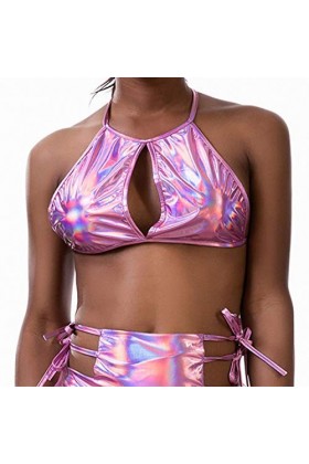 Flyrose Femme Métallique Trou de Serrure Découpe Dos Nu Festival Rave Crop Tu - - Taille L