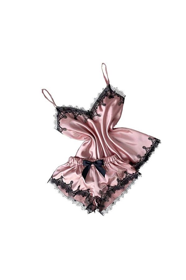 liaddkv Ensemble de lingerie sexy en dentelle avec col en V et col en V pour pyjama, Rose, L