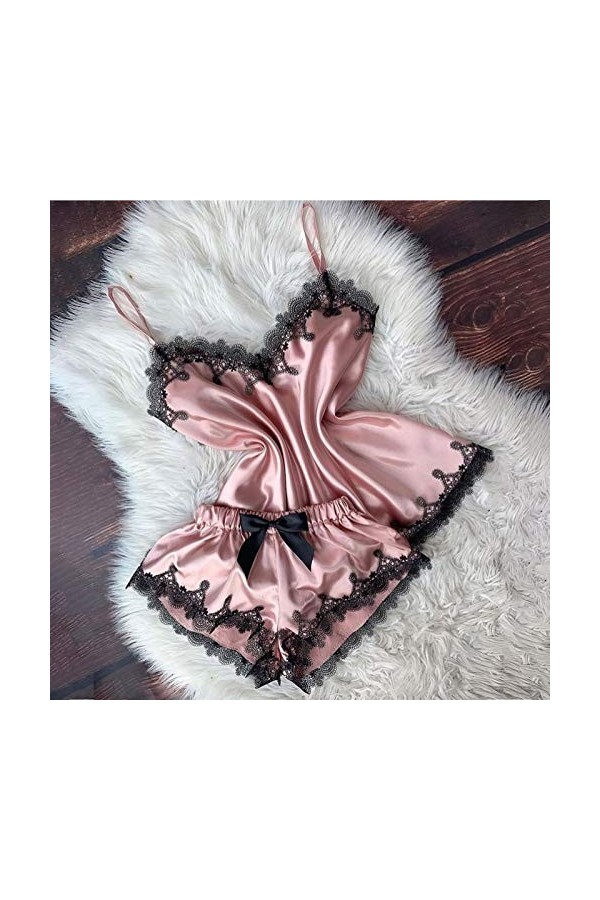 liaddkv Ensemble de lingerie sexy en dentelle avec col en V et col en V pour pyjama, Rose, L