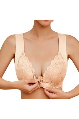 CreoQIJI Top Soutien-gorge en dentelle sans anneau en acier pour femme avec fermeture frontale et dos en T, Rose, 5X-Large