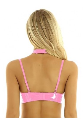 Yeahdor Femme Soutien-Gorge Cuir Verni Brassière Harnais Bandage Bra Push Up sous-vêtement Ouverte Poitrine Érotique Lingerie