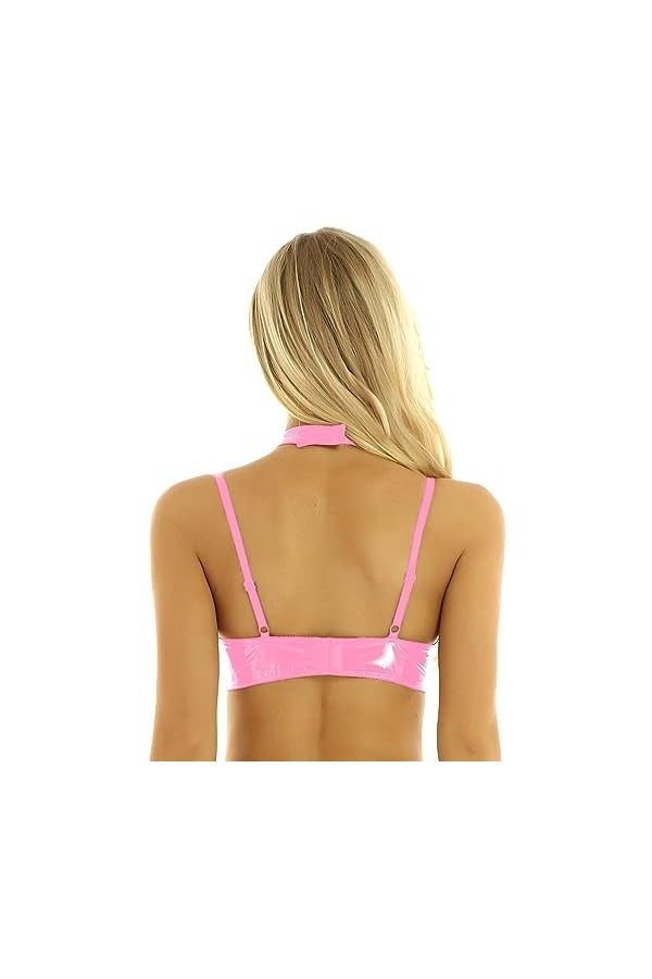 Yeahdor Femme Soutien-Gorge Cuir Verni Brassière Harnais Bandage Bra Push Up sous-vêtement Ouverte Poitrine Érotique Lingerie