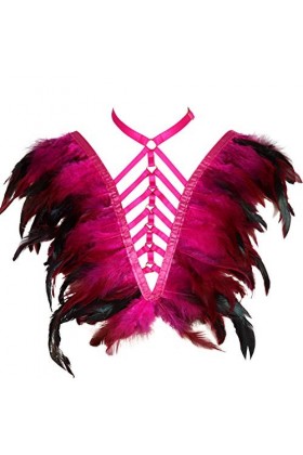 Epaulets à plumes pour femme - Harnais de corps - Lingerie punk - Sangle de poitrine - Festival rave brûlant homme, rose roug