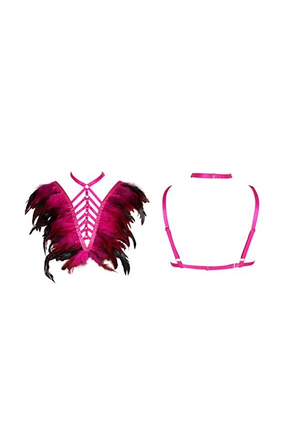 Epaulets à plumes pour femme - Harnais de corps - Lingerie punk - Sangle de poitrine - Festival rave brûlant homme, rose roug