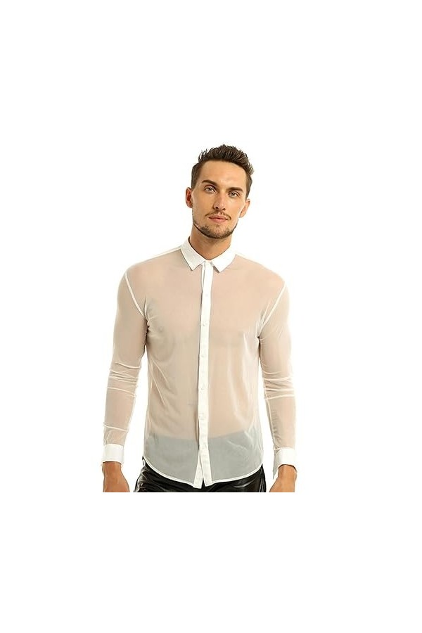 WSZJLN T-Shirt à Manches Longues en Maille à Lacets pour Hommes, Costumes de Club Sexy, sous-vêtements en résille, Blanc DS