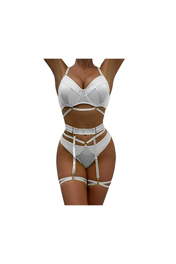 liaddkv Ensemble de lingerie sexy pour femme avec anneaux de jambe, Blanc., L